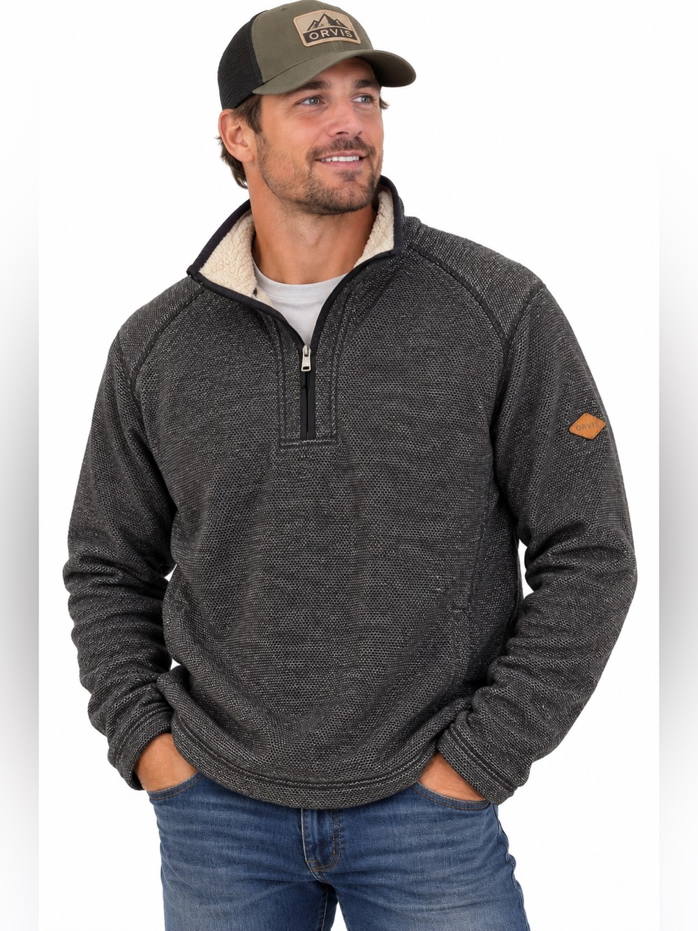 Orvis Men's Charcoal Quarter-Zip Sherpa Collar Pullover